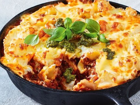 Cheesy lentil and vegetable frying pan lasagne.