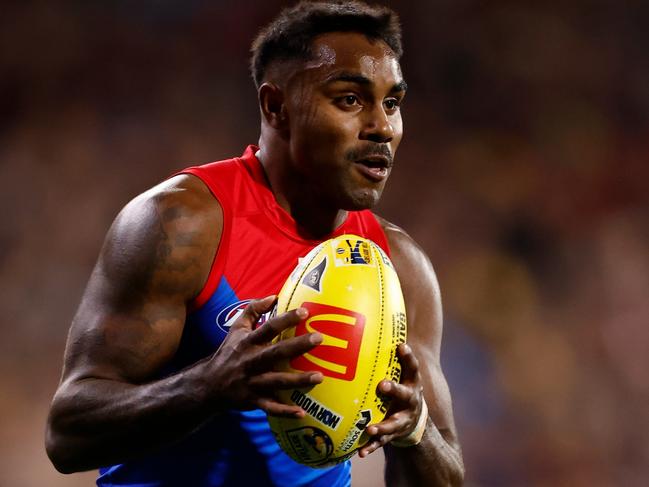 ADELAIDE, AUSTRALIA - APRIL 04: Kysaiah Pickett of the Demons in action during the 2024 AFL Round 04 match between the Adelaide Crows and the Melbourne Demons at Adelaide Oval on April 04, 2024 in Adelaide, Australia. (Photo by Michael Willson/AFL Photos via Getty Images)