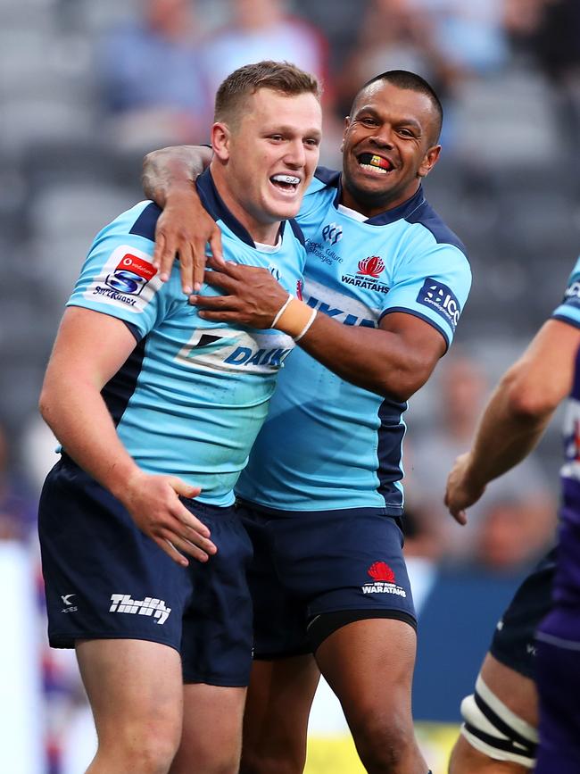 Angus Bell and Kurtley Beale of the Waratahs. Picture: Mark Kolbe/Getty