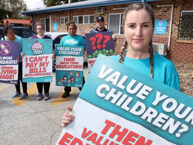 Centre Director Anne Pickels, 33, protesting with staff in the carpark, Protest demanding childcare workers are better paid, Goodstart Bellbird Park. Picture: Liam Kidston