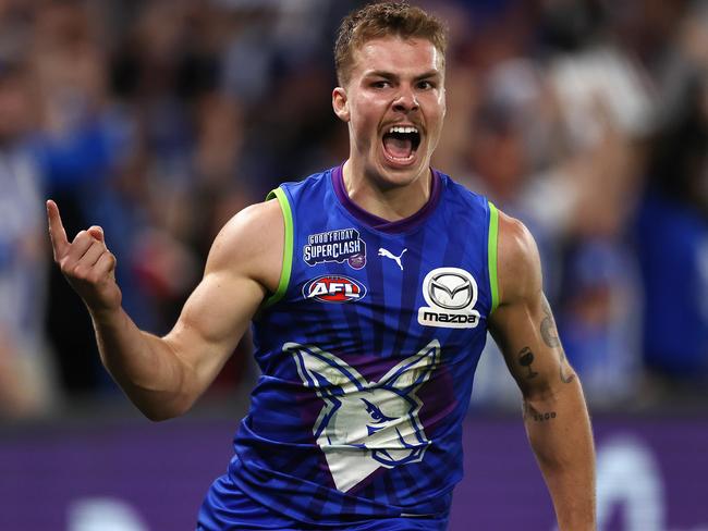 MELBOURNE . 07/04/2023.  AFL . Round 4. North Melbourne vs Carlton at Marvel Stadium .  Cameron Zurhaar of the Kangaroos celebrates a 3rd quarter goal  . Pic: Michael Klein