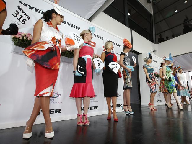 Melbourne Cup Day 2014 Myer Fashion in the Field at Flemington Racecourse. Finalists of Women's Racewear parade for the judges. Picture: David Caird.