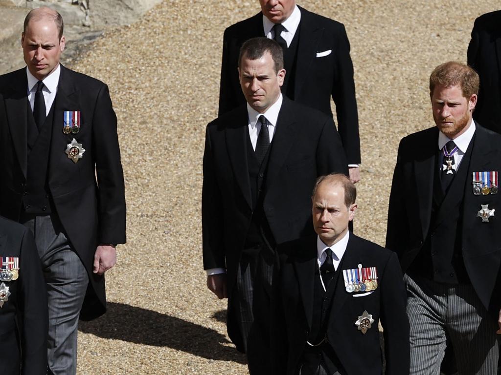 Prince William, Duke of Cambridge (L), and Prince Harry, Duke of Sussex (R), have reunited in a show of strength for Prince Philip’s funeral but the gulf between them is still wide. Picture: AFP