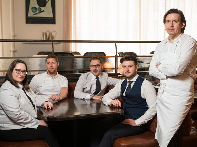 Restaurateur Andrew McConnell with Leanne Altman, head chef Allan Doert Eccles, venue manager Shane Lazzo and barman Cameron Parish at Gimlet. Picture: Paul Jeffers