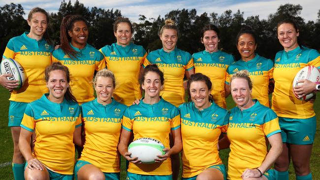 Australia’s Olympic women’s rugby sevens team. Back row (L to R) - Chloe Dalton, Ella Green, Shannon Parry, Nicole Beck, Charlotte Caslick, Amy Turner, Sharni Williams. Front row (L to R) - Evania Pelite, Emma Tonegato, Alicia Quirk, Emilee Cherry, Gemma Etheridge