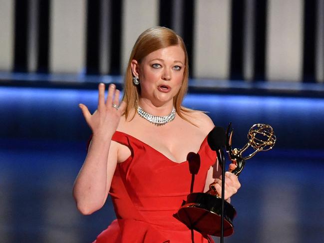 Australian actress Sarah Snook accepts the award for Outstanding Lead Actress In A Drama Series for "Succession" onstage to during the 75th Emmy Awards at the Peacock Theatre at L.A. Live in Los Angeles on January 15, 2024. (Photo by Valerie Macon / AFP)