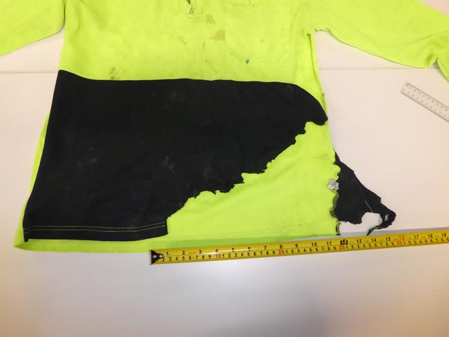 The burnt shirt worn by a construction bullying victim. Picture: SafeWork SA