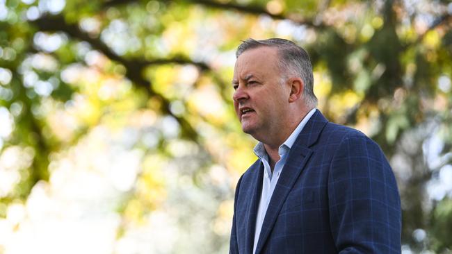 Addressing his partyroom on Monday, Anthony Albanese Albanese will set out his post-COVID-19 vision, which ­includes higher wages, less casualisation of the workforce and “significant investment” in social and affordable housing. Picture: AAP