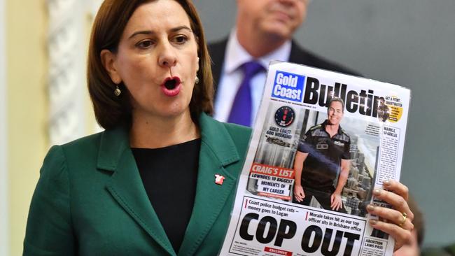 Queensland Opposition Leader Deb Frecklington with a copy of the Bulletin during Question Time today. Picture: AAP