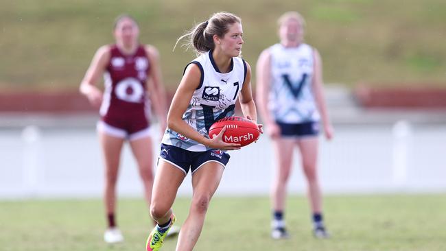 BRISBANE, AUSTRALIA - JULY 07: Sara Howley of Victoria Country kicks during the Marsh AFL National Championships match between U18 Girls Queensland and Victoria Country at Brighton Homes Arena on July 07, 2024 in Brisbane, Australia. (Photo by Chris Hyde/AFL Photos/via Getty Images)