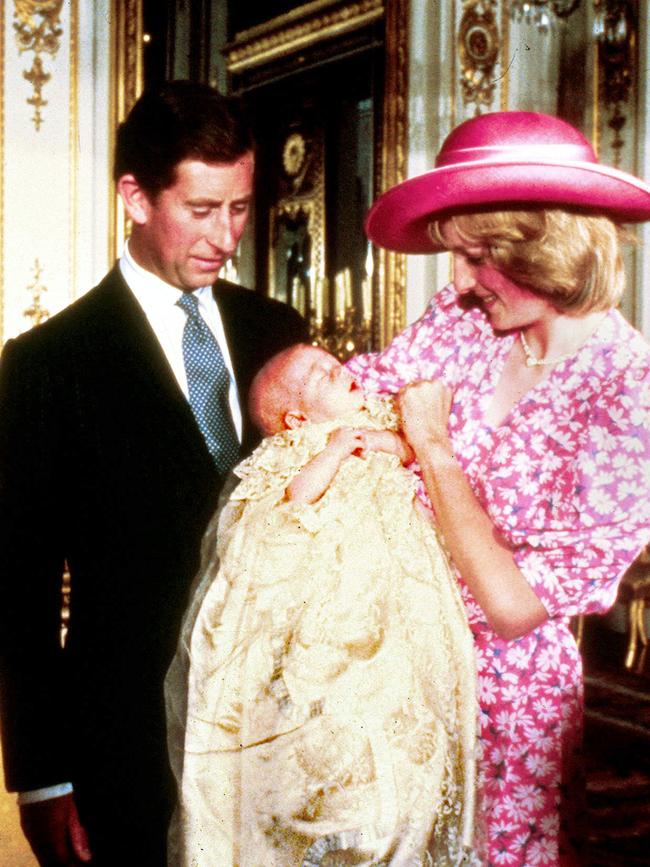 Diana and Prince Charles with Prince William on the day of his Christening at Buckingham Palace in 1982. Picture: Anwar Hussein/WireImage