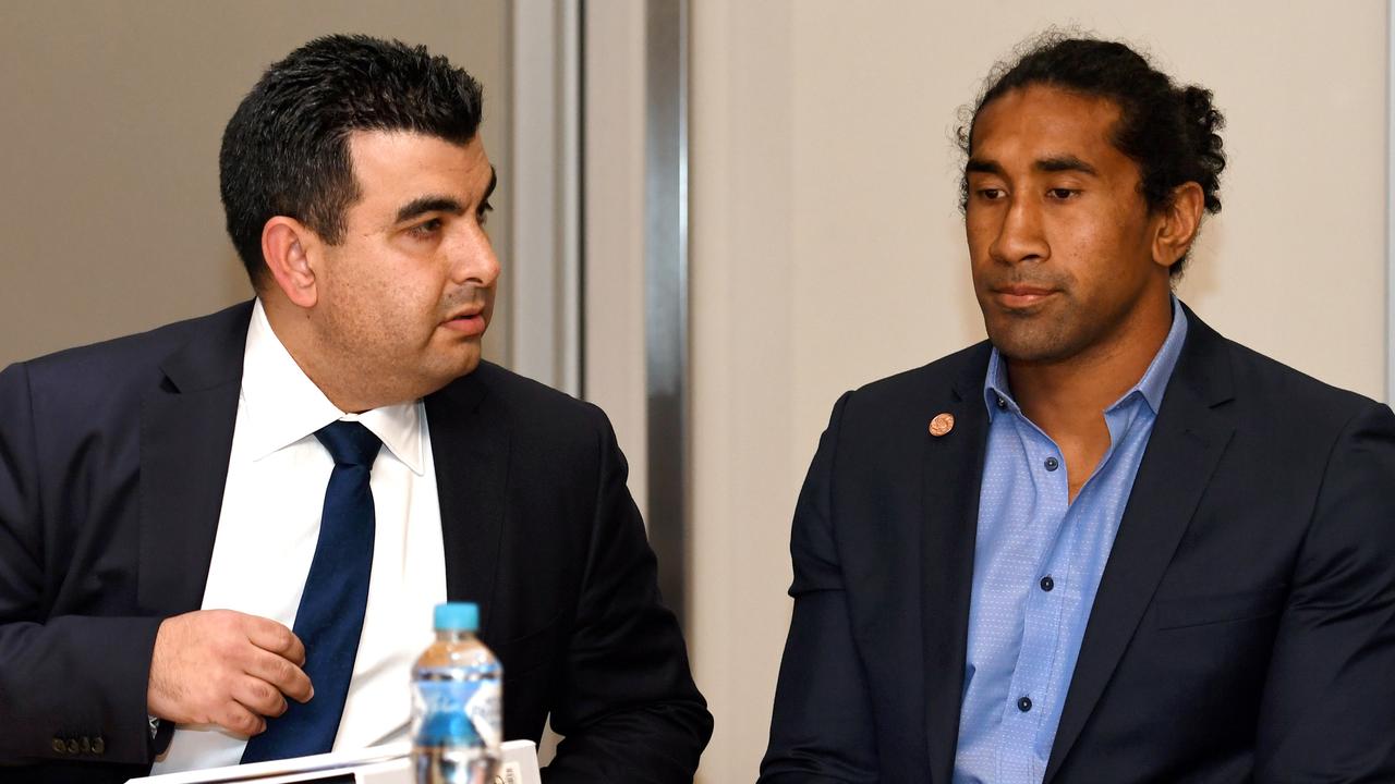 Canberra Raiders NRL player Iosia Soliola (right) is accompanied by lawyer Nick Ghabar represented Sia Soliola . (AAP Image/Paul Miller)