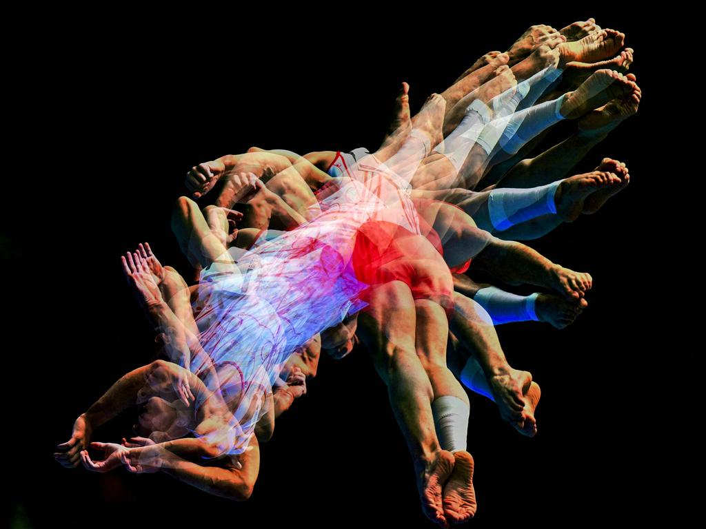 This multi exposure photograph shows an athlete competing during the Men's Individual Apparatus Finals event at the Artistic Gymnastics European Championships in Italy. Picture: Gabriel Bouys/AFP