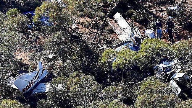 An aerial shot of the wreckage from the fatal Rossair plane crash, near Renmark. Picture: Dylan Coker