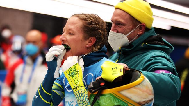 Australian silver medallist Jaclyn Narracott is married to Dom Parsons, the only British man to win an Olympic medal in skeleton. Picture: Getty Images