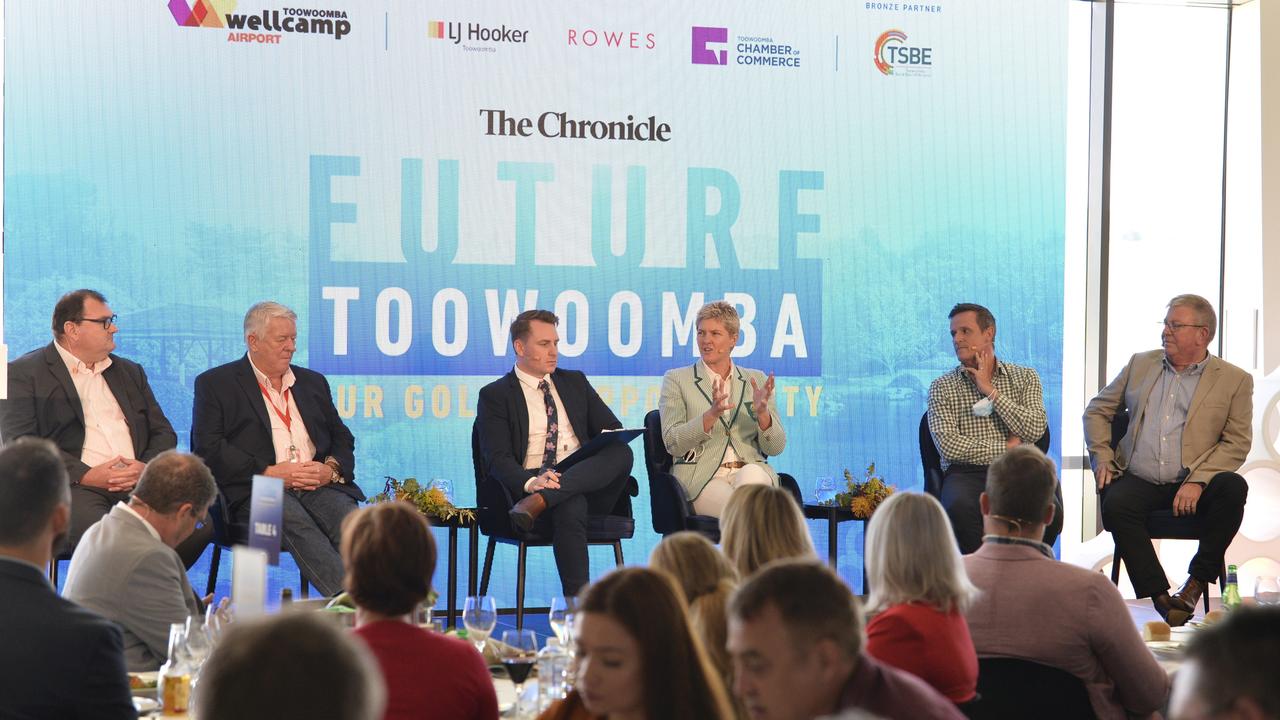 Future Toowoomba panel (from left) Mark Mason of TSBE, John Wagner of Wagner Corporation, Jordan Philp of The Chronicle, Olympian Nat Cook, Todd Rohl of Toowoomba Chamber and Mike Stewart of LJ Hooker during the panel discussion at Wellcamp Airport, Friday, December 3, 2021. Picture: Kevin Farmer