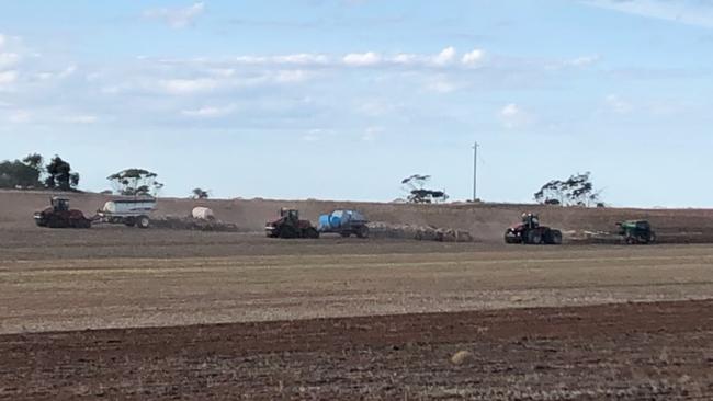 Ouyen United Kangas football netball club seeding their barley crop in April 2022. Picture: supplied.