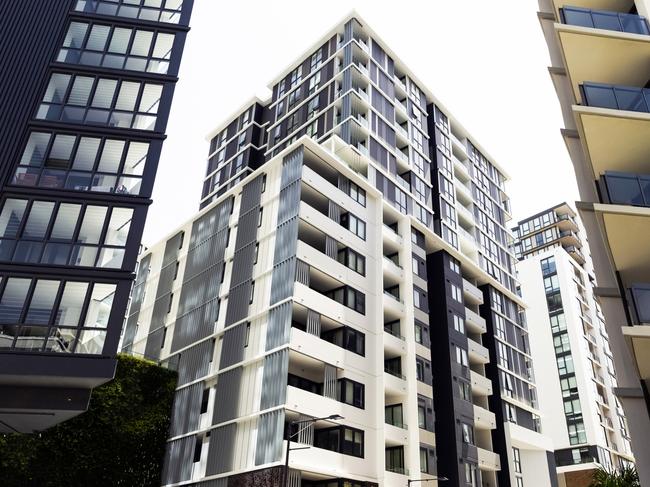 Low angle view of modern apartment buildings, Sydney Australia, sky background with copy space, full frame horizontal composition