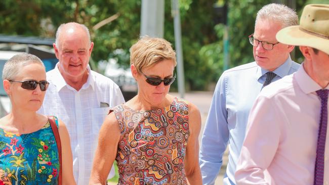 Former Children's Commissioner Colleen Gwynne, flanked by her legal team going into Darwin Magistrates Court. Picture: Glenn Campbell