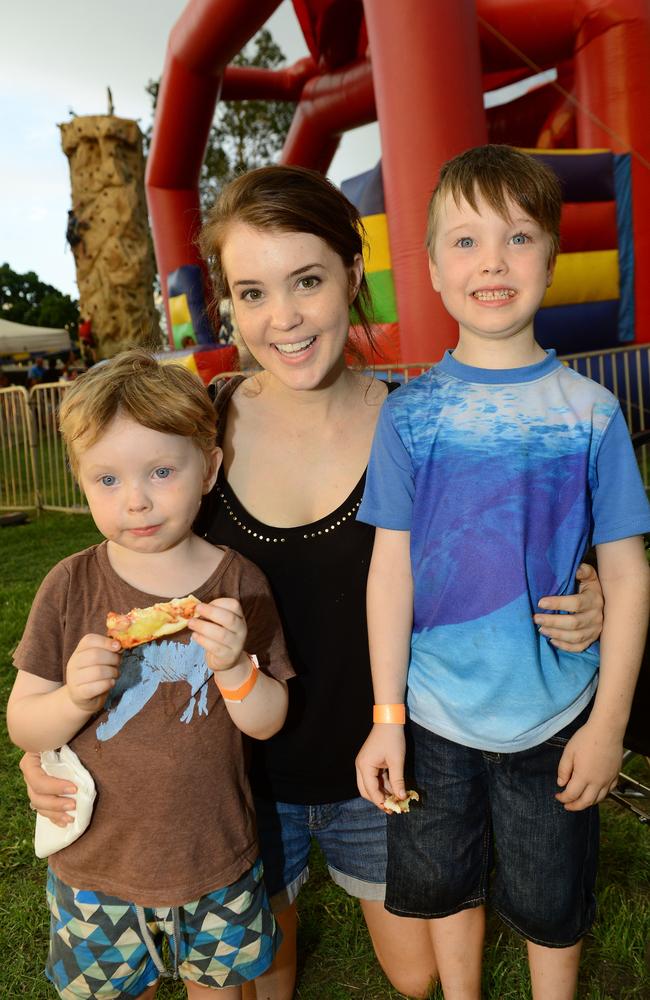 Cathy Mason of North Ipswich with her sons Jack Vallance, 4, and Lukah Vallance, 6, on New Year’s Eve 2014 at North Ipswich Reserve. Picture: David Nielsen