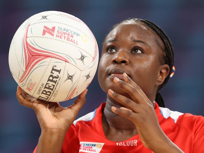 SYDNEY, AUSTRALIA - MAY 05: Sam Wallace-Joseph of the Swifts warms up ahead of the round four Super Netball match between NSW Swifts and West Coast Fever at Ken Rosewall Arena on May 05, 2024 in Sydney, Australia. (Photo by Jason McCawley/Getty Images)