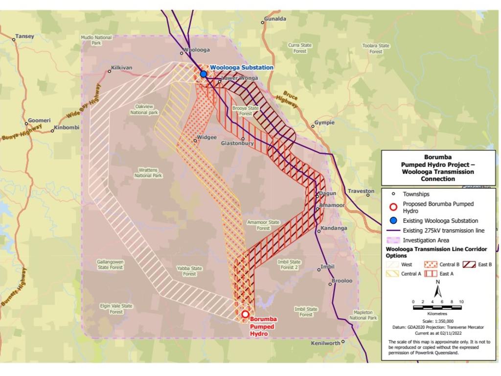 Map of proposed transmission pathways from Borumba Dam to the Woolooga substation. Picture: Powerlink