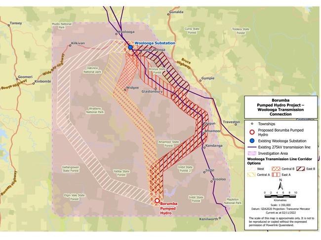 Map of proposed transmission pathways from Borumba Dam to the Woolooga substation. Picture: Powerlink