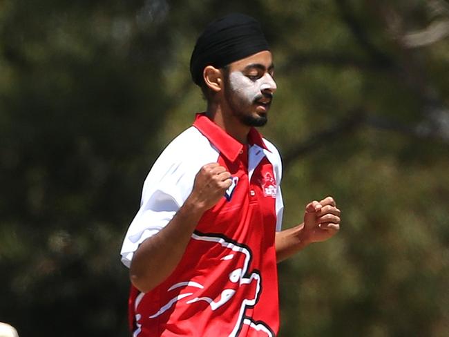 VSDCA Cricket: Melton v Taylors Lakes: Jaskirat Singh of Melton celebrates after taking the wicket of Chris Marr of Taylors LakesSaturday, January 23, 2021, in Toolern Vale, Victoria, Australia. Picture: Hamish Blair