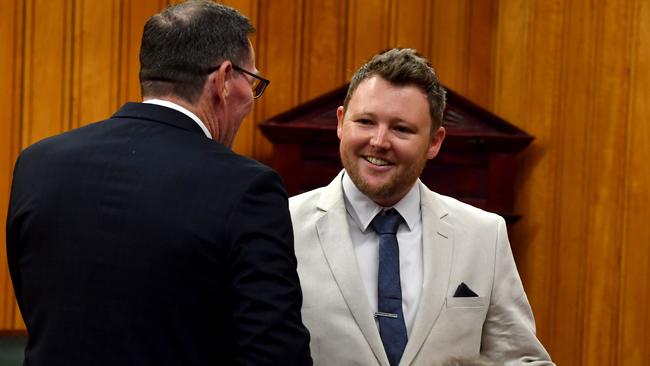 Mayor Troy Thompson with Division 10 councillor Brady Ellis, who said he would consume travel costs representing his enormous area of representation. He was willing to use his own money to do so if he ran out of funds. Picture: Evan Morgan