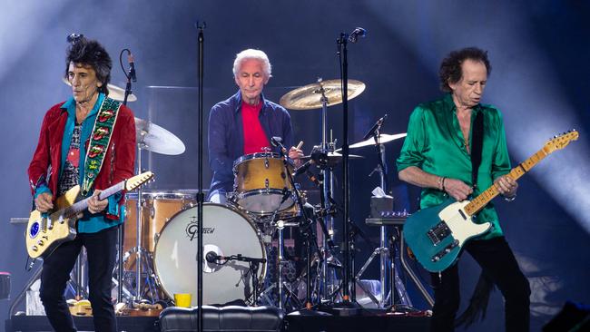 The Rolling Stones perform in Houston, Texas in 2019 in what would be one of Charlie Watts’s final concerts with the band. From left, Ronnie Wood, Watts and Keith Richards. Picture: AFP