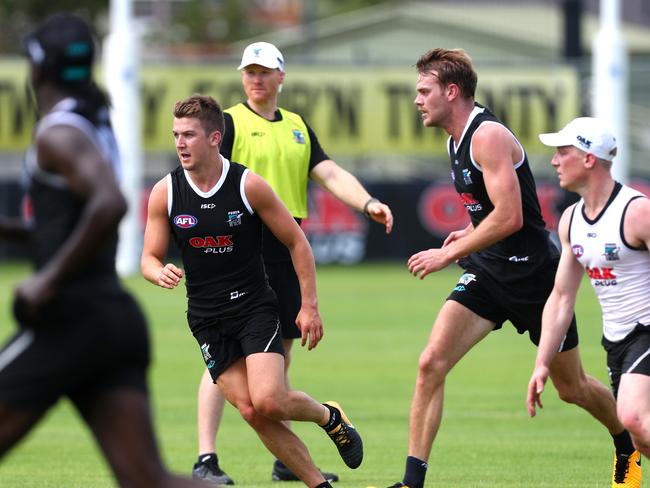 20.11.2017.Port Adelaide's 1-4 year players start pre-season training at Alberton Oval. Jack Trengove and Jack Watts at training.  pic tait schmaal.