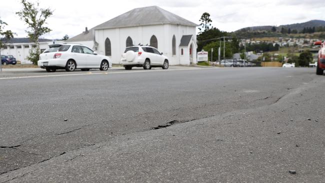 Damage to Burnett Street in New Norfolk after a burst water main damaged the road. Picture: Zak Simmonds