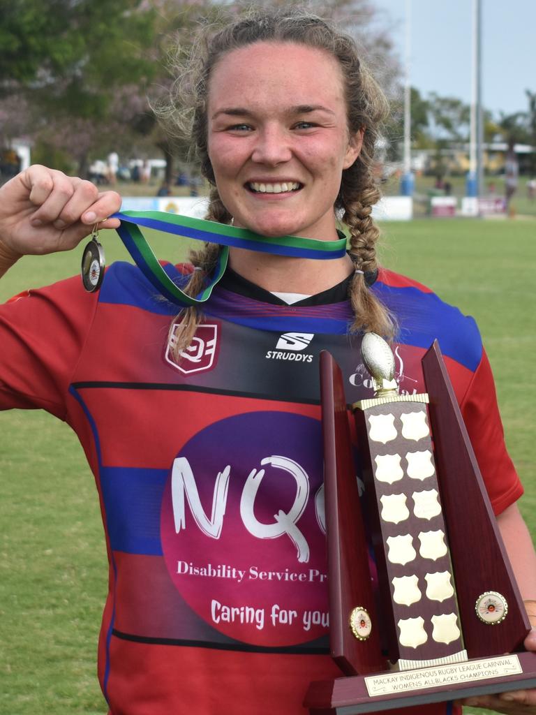 Captain Xanthe Topping celebrating Coastal Neurs' win at the Mackay Indigenous Rugby League Carnival. Picture: Mitch Bourke