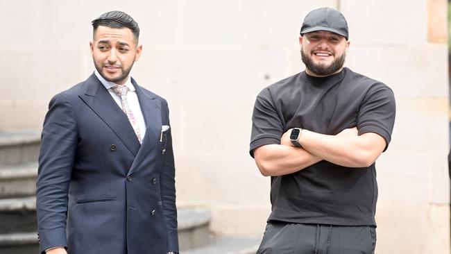 Lawyer Abdul Saddik with Ali ‘Ay Huncho’ Younes outside Downing Centre Local Court on Tuesday. Picture: NCA NewsWire / Jeremy Piper