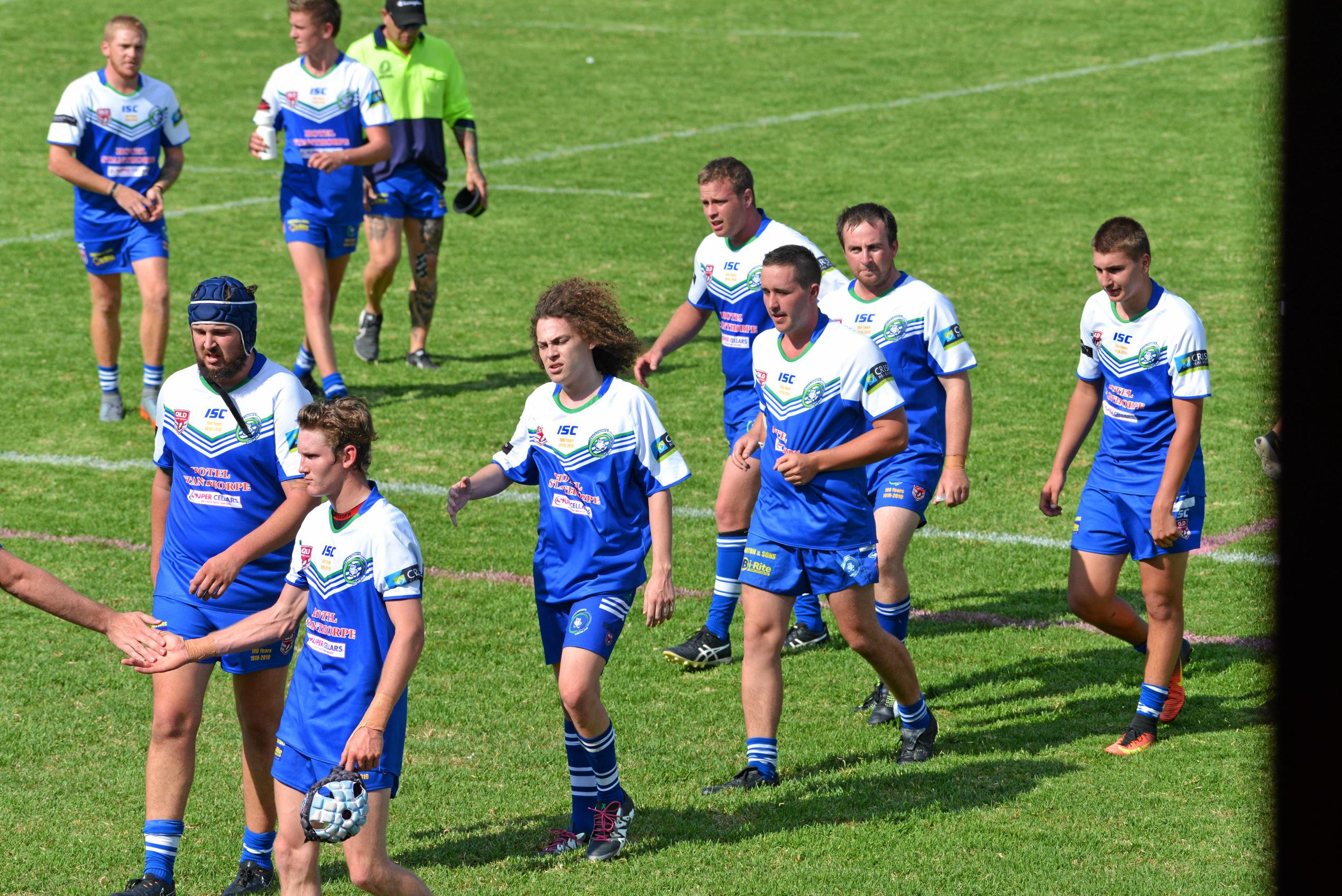 The Stanthorpe Gremlins leave the field for halftime against Warwick. Picture: Gerard Walsh