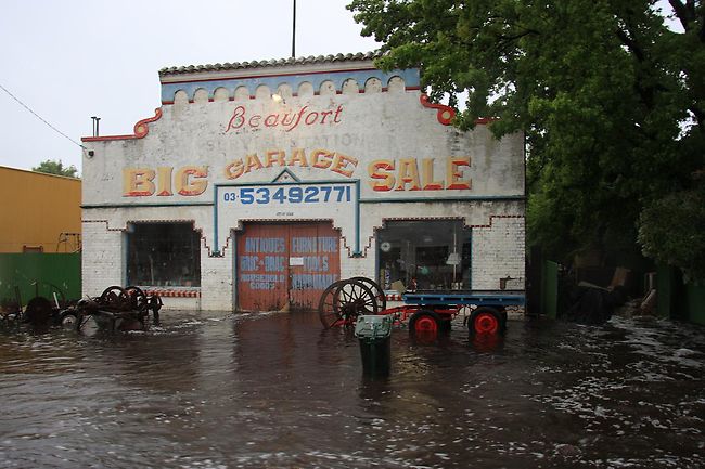 <p>Water pours through the iconic business Big Garage Sale.</p> <p>Picture: Pyrenees Advocate.</p>