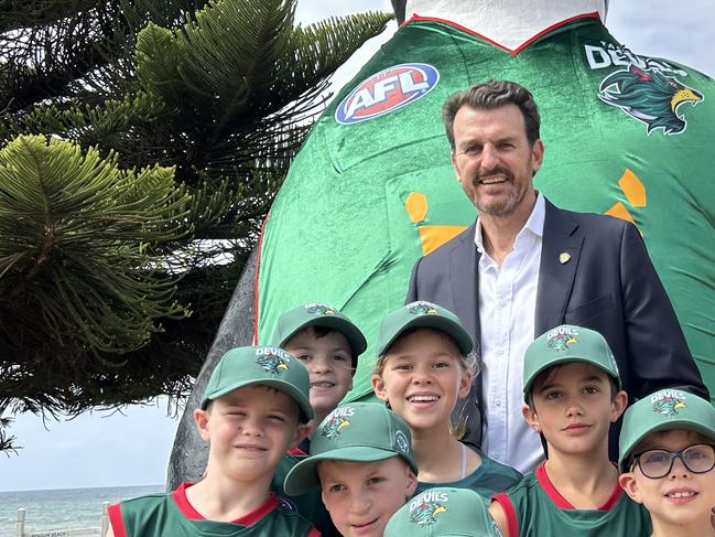 Brendon Gale with young Tasmania Devils supporters at his first official press conference.