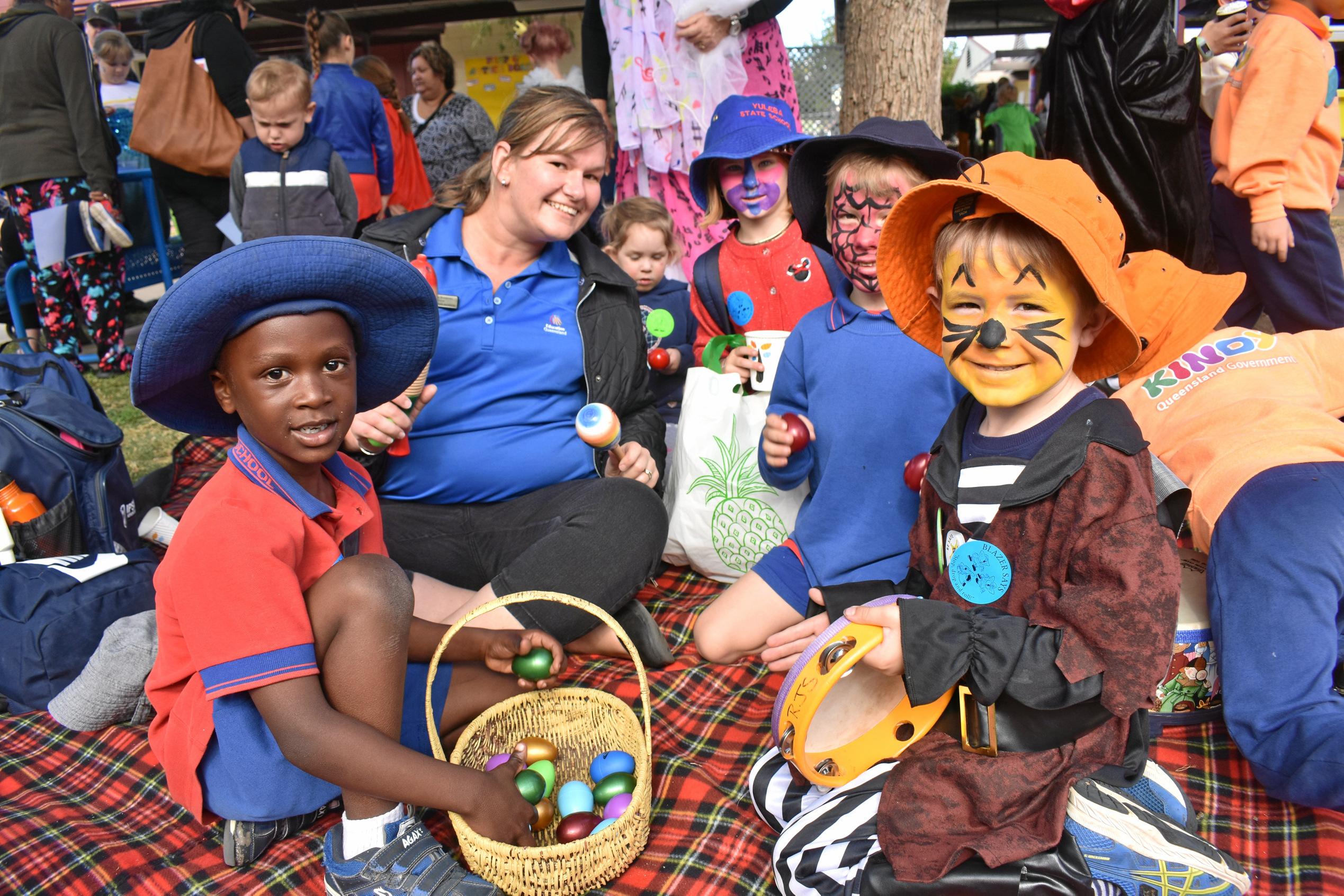 Joel Ntahiraja, principal Rebecca Boldorac, Lauren Harland, Chase Gallaher, and Hunter Houston of Yuleba State School. Picture: Jorja McDonnell