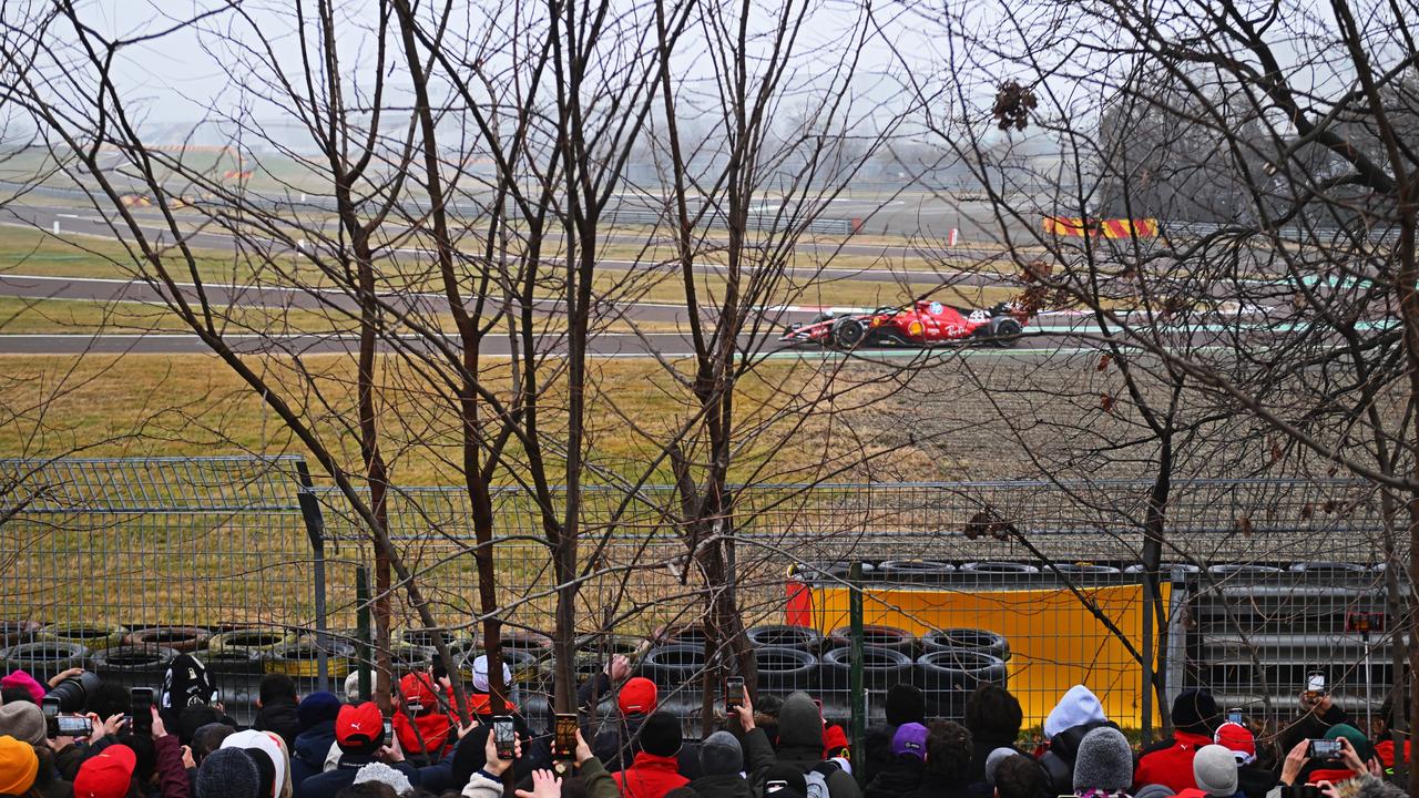 Fans turned out on a gloomy day to see Hamilton drives the (44) Ferrari SF-23 at Fiorano Circuit in Fiorano Modenese, Italy. (Photo by Rudy Carezzevoli/Getty Images)