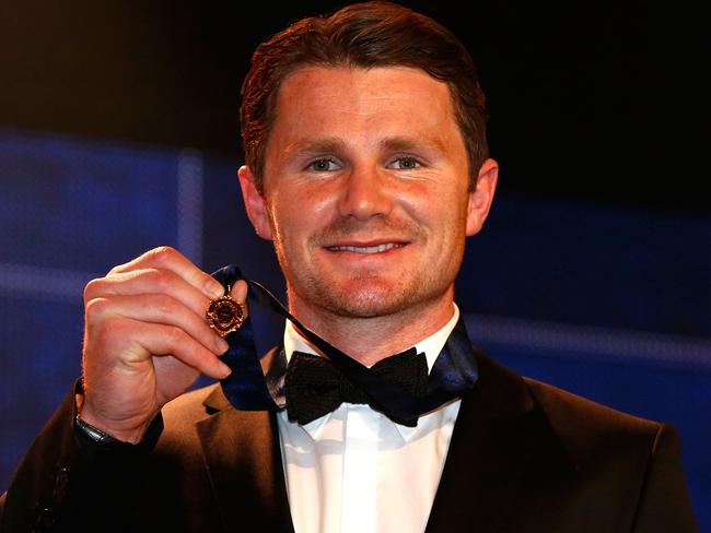 MELBOURNE, AUSTRALIA - SEPTEMBER 26: Patrick Dangerfield of the Cats holds the 2016 Brownlow Medal during the 2016 Brownlow Medal Count at the Crown Palladium on September 26, 2016 in Melbourne, Australia. (Photo by Adam Trafford/AFL Media/Getty Images)