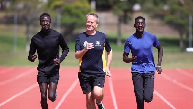 Joseph Deng, Bill Shorten and Peter Bol. Picture: Alex Coppel.