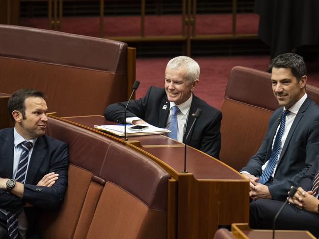 Senators Matt Canavan, Malcolm Roberts, Alex Antic and Ralph Babet in the senate at Parliament House in Canberra. Picture: NCA NewsWire