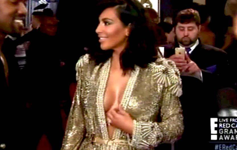 Kim Kardashian in gold robe at the Grammys