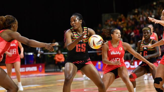 Joyce Mvula of Malawi in the loss to England at the Netball World Cup (Photo by Ashley Vlotman/Gallo Images/Netball World Cup 2023 via Getty Images)