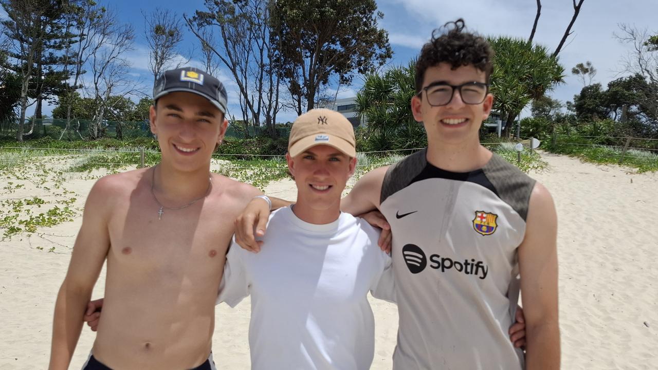 Christian Belegris, 18, Jeremy Haymes, 18, and Chris Maric, 18, at Byron Bay Schoolies celebrations on November 28, 2024. Picture: Sam Stolz.