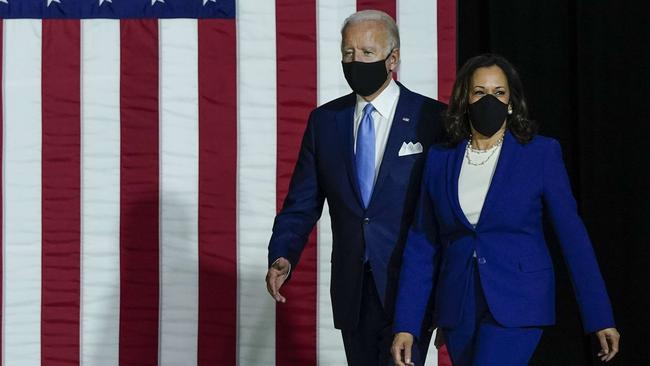 Joe Biden and Kamala Harris arrive for their first joint campaign event. Picture: AFP.