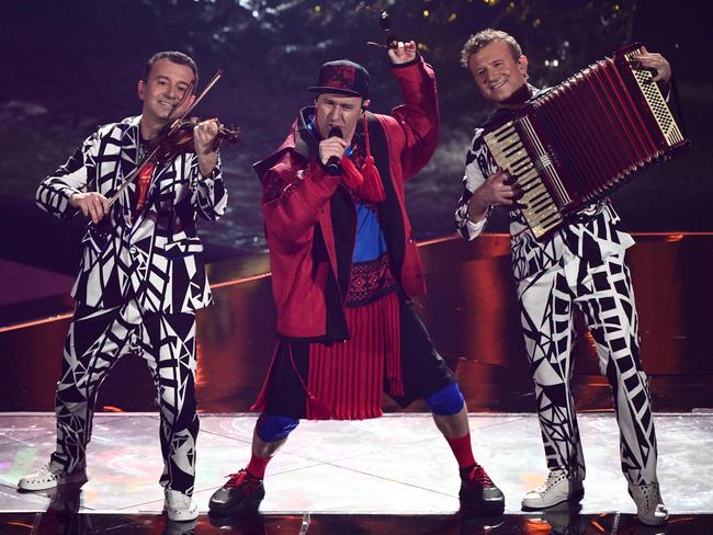 Members of the band Zdob si Zdub &amp; Advahov Brothers perform on behalf of Moldova. Picture: AFP