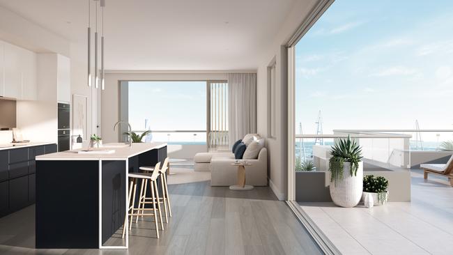 An artist's impression of a living room and balcony. Picture: Supplied