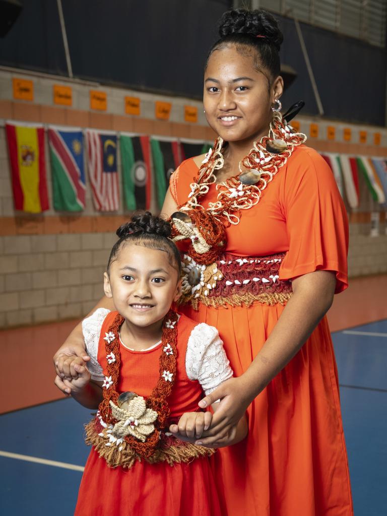 Sisters Tapaita (Yr1) and Hifo (Yr6) Leaaemanu represent Tonga at Harmony Day celebrations at Darling Heights State School. Picture: Kevin Farmer