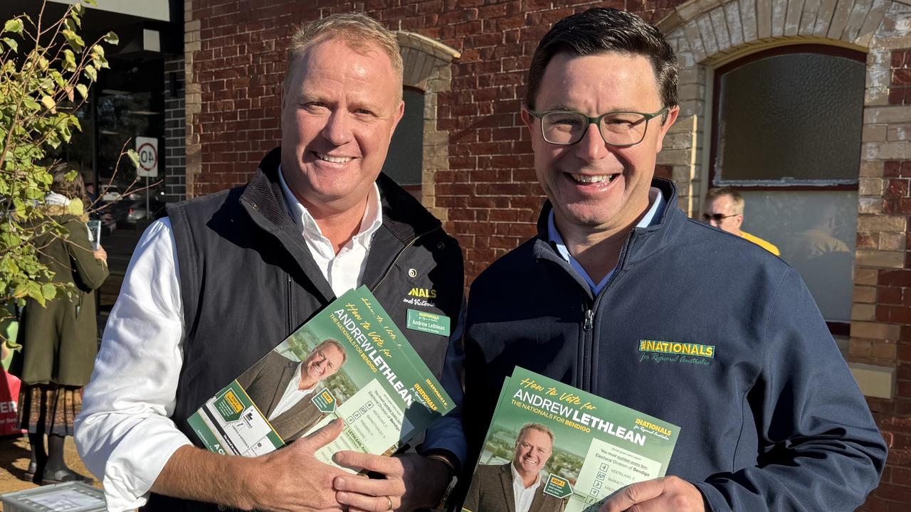 Bendigo Nationals candidate Andrew Lethlean (pictured with Nationals federal leader David Littleproud) is in a close battle to snatch the safe Labor seat. Picture: